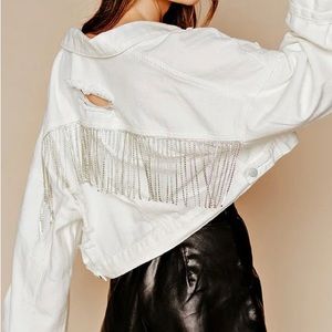 NWOT White Denim Rhinestone Fringe Jacket